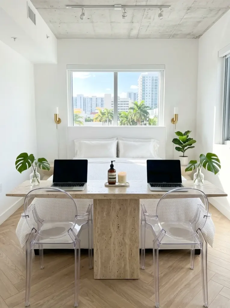 Long marble table at the foot of a bed with two laptops.