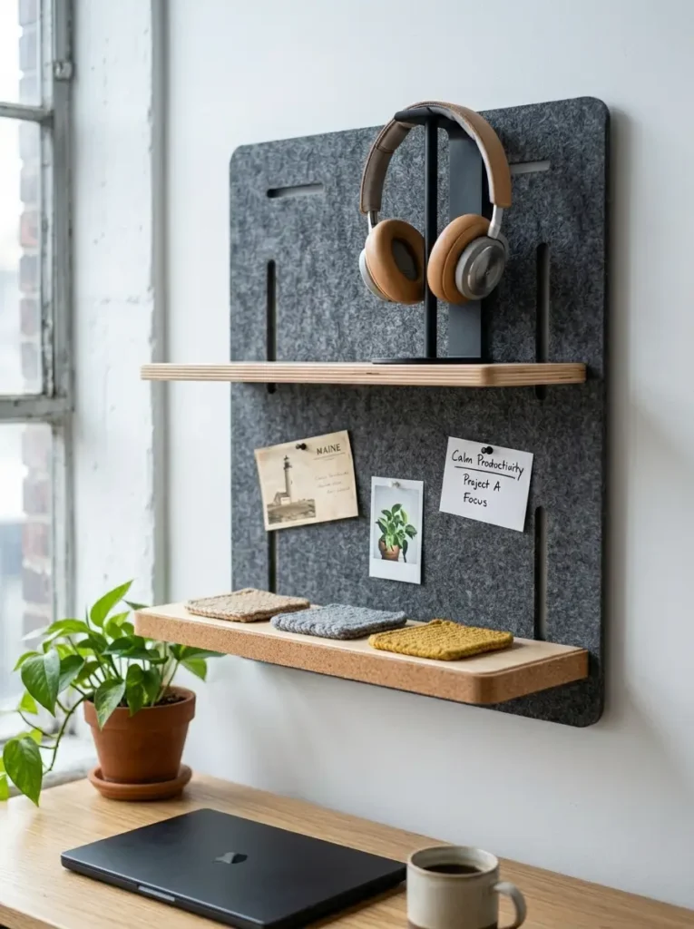 Grey acoustic felt wall panel with slotted wooden shelves holding headphones and notes.