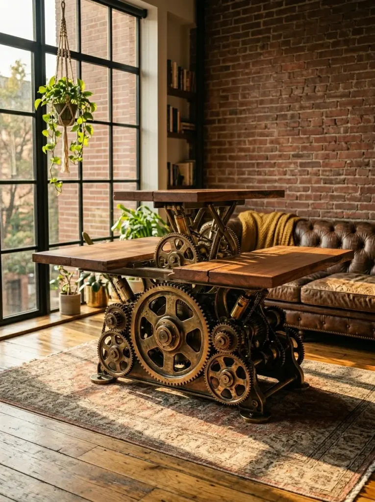 Brass Gear Lift Table Industrial table featuring three wooden tops supported by a complex brass gear and piston system.