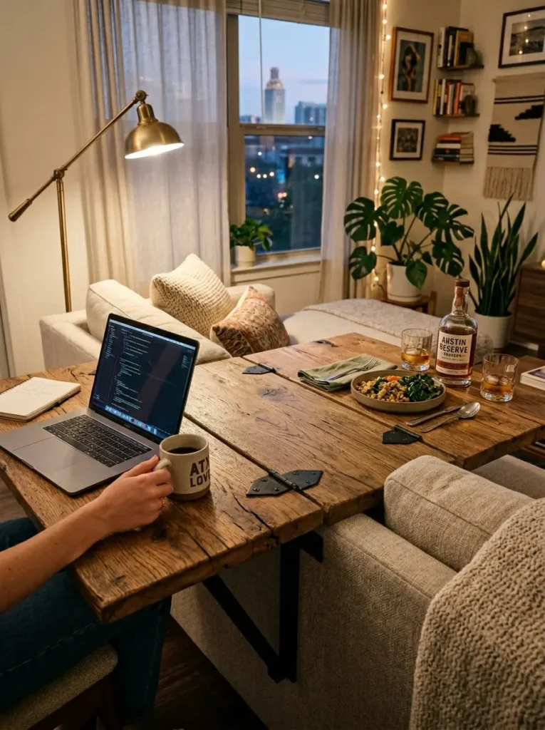 Sofa Back Iron Bracket Folding Desk Split wooden fold down space saving dining table attached to the back of a light sofa.