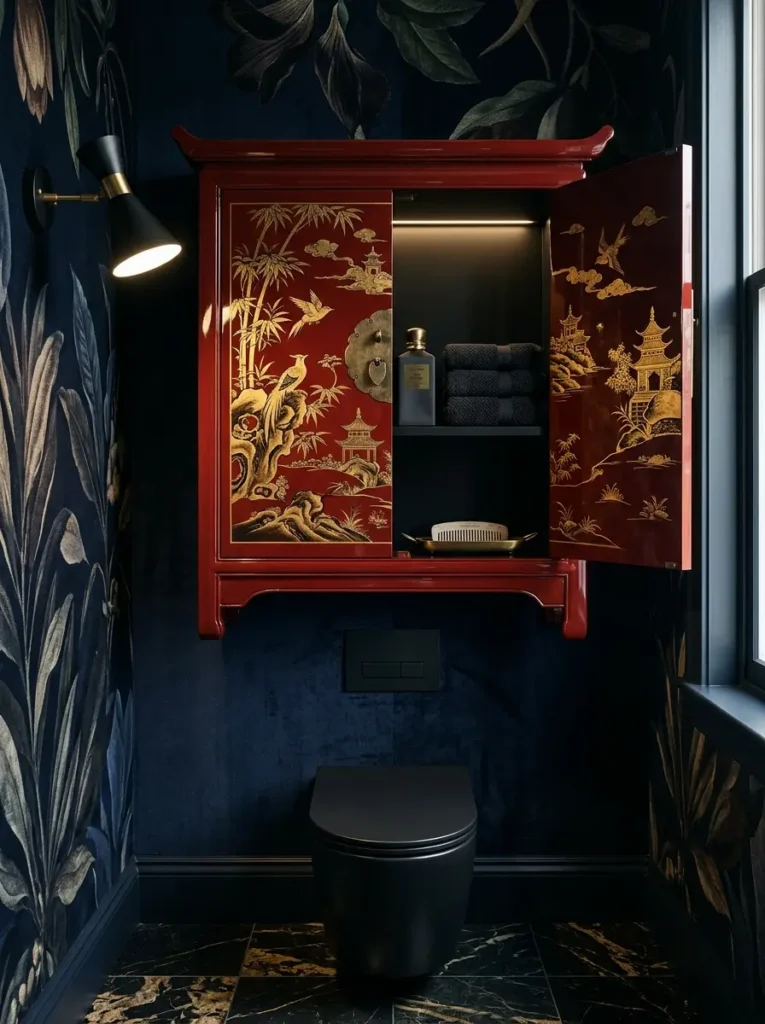 Vibrant red lacquer cabinet with gold landscape paintings hanging over a black toilet
