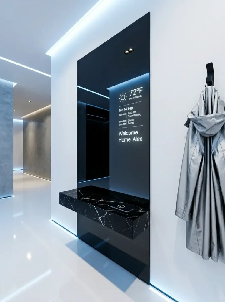 Vertical smart mirror displays temperature and schedule above a black marble shelf in a futuristic hallway.