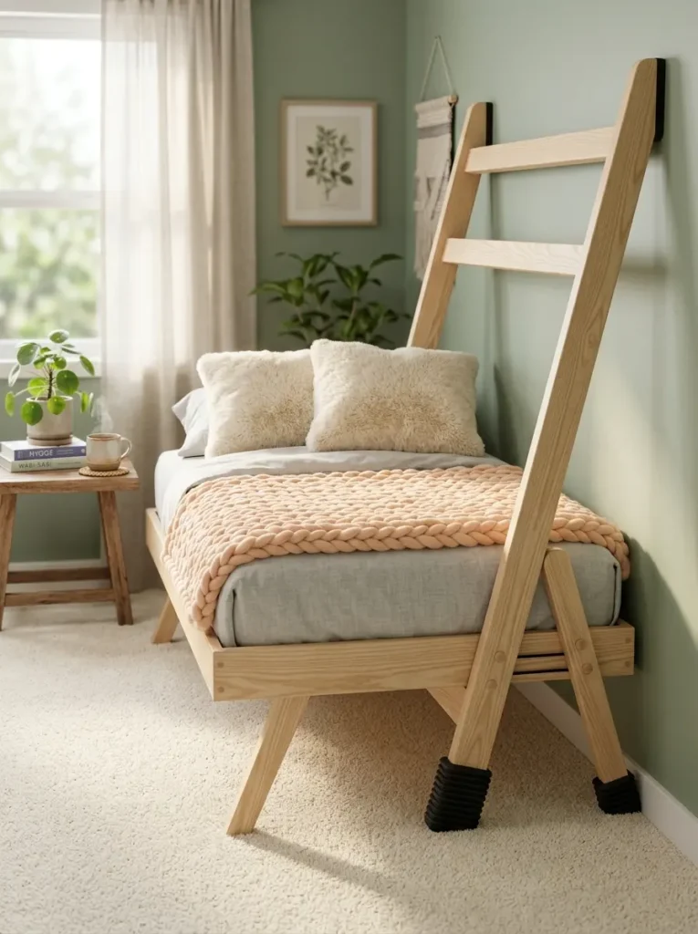 Leaning Ladder Style Frame Minimalist slanted light oak ladder style frame hiding a fold out affordable murphy bed against a sage wall.