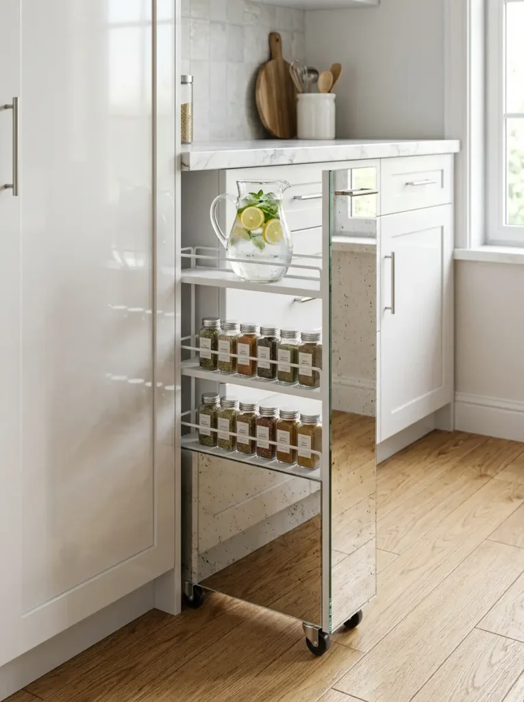 Extremely narrow mirrored spice rack pulling out from a cabinet gap