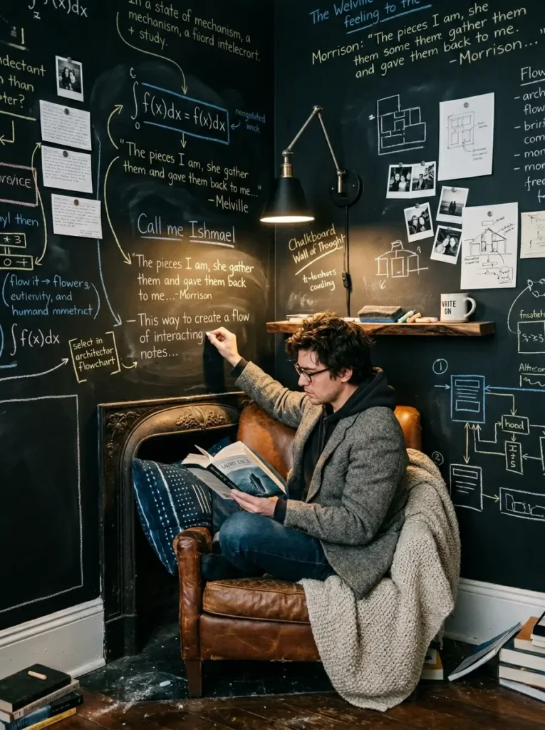 Chalkboard Wall Study Man writing on a chalkboard wall while sitting in a leather reading chair.