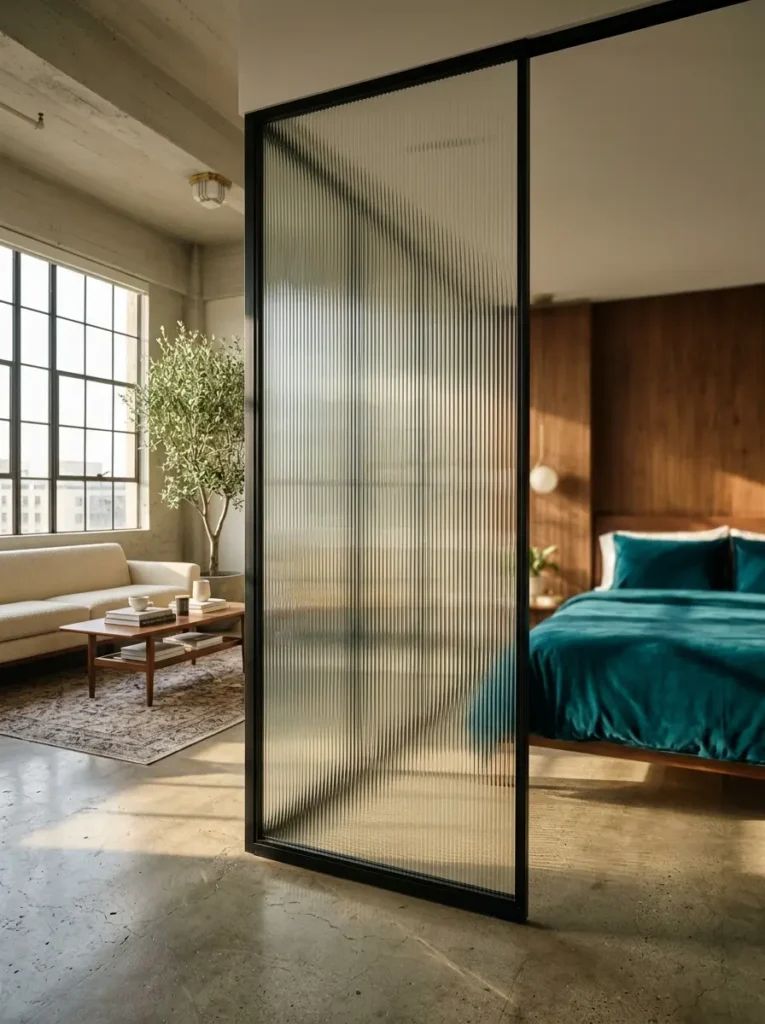 Ribbed Glass Room Divider Black metal frame holding ribbed glass dividing a bedroom and living room in an apartment.