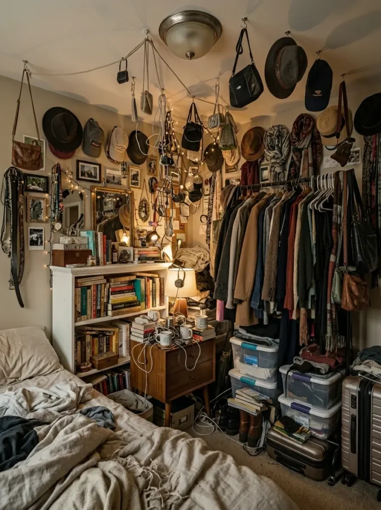 Bedroom corner completely overrun by freestanding open clothing racks hanging garments and stacked plastic storage bins
