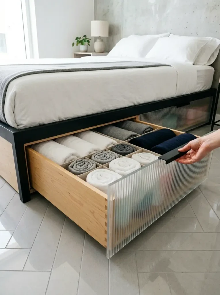 A person pulls open a translucent ribbed drawer revealing neatly rolled towels under a bed.