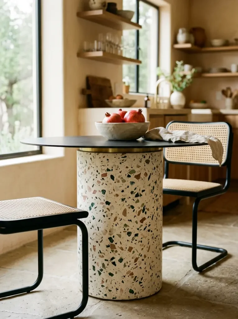 Terrazzo Pedestal Dining Table Dining table with a thick colorful terrazzo base and a thin black top near two cane chairs