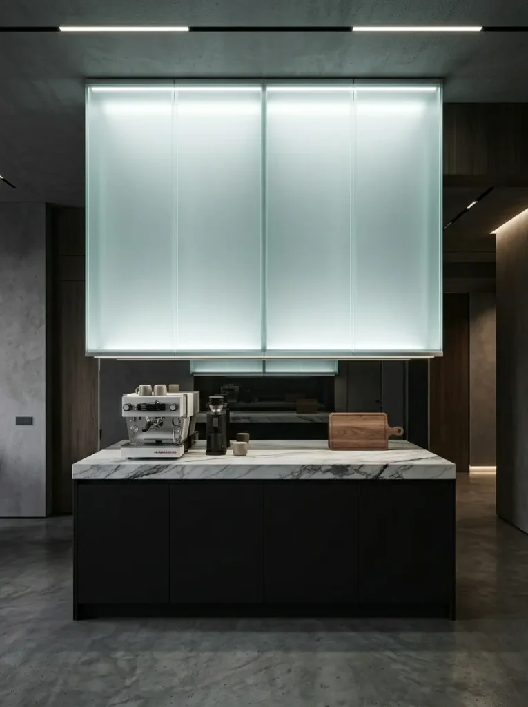 Edge lit frosted glass kitchen cabinets used as lighting for dark apartments.