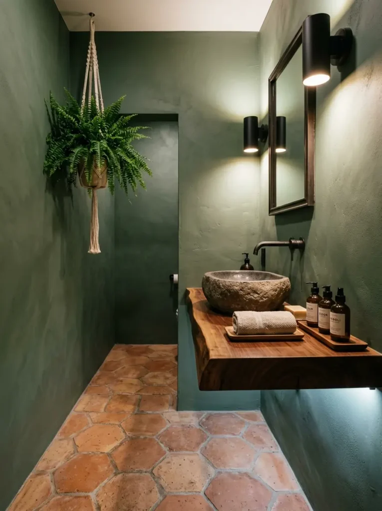 Matte Olive Green Bathroom Olive green plaster walls with terracotta floor and stone sink