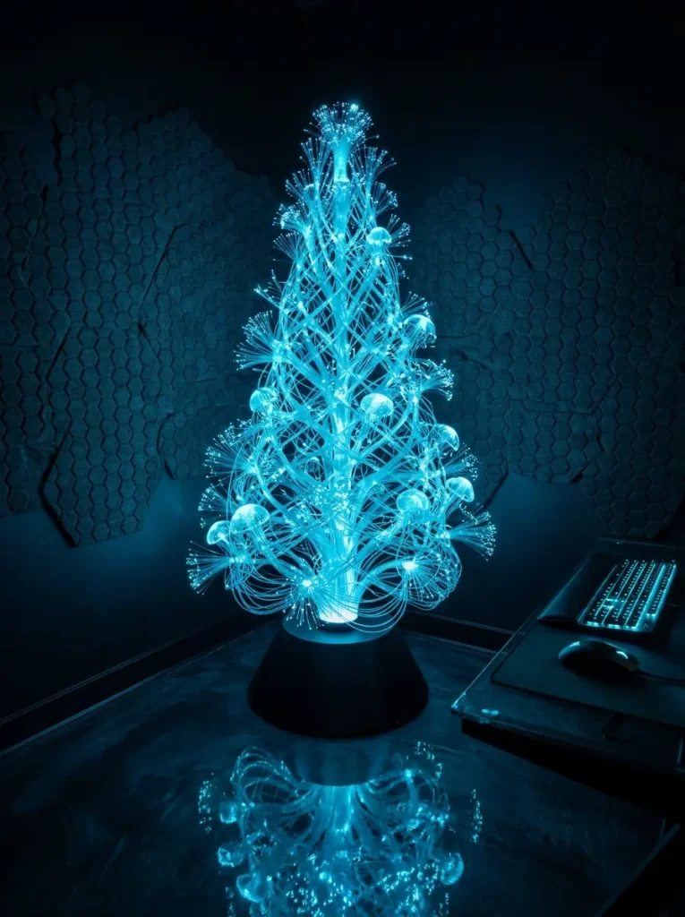Futuristic sculpture of glowing cyan fiber optic strands resembling jellyfish in a dark room