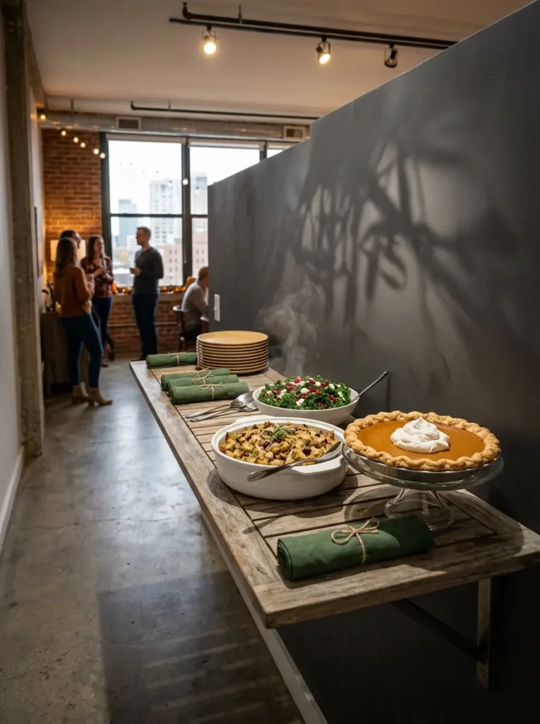 Slatted wooden outdoor balcony table mounted to an indoor grey wall holding a pumpkin pie