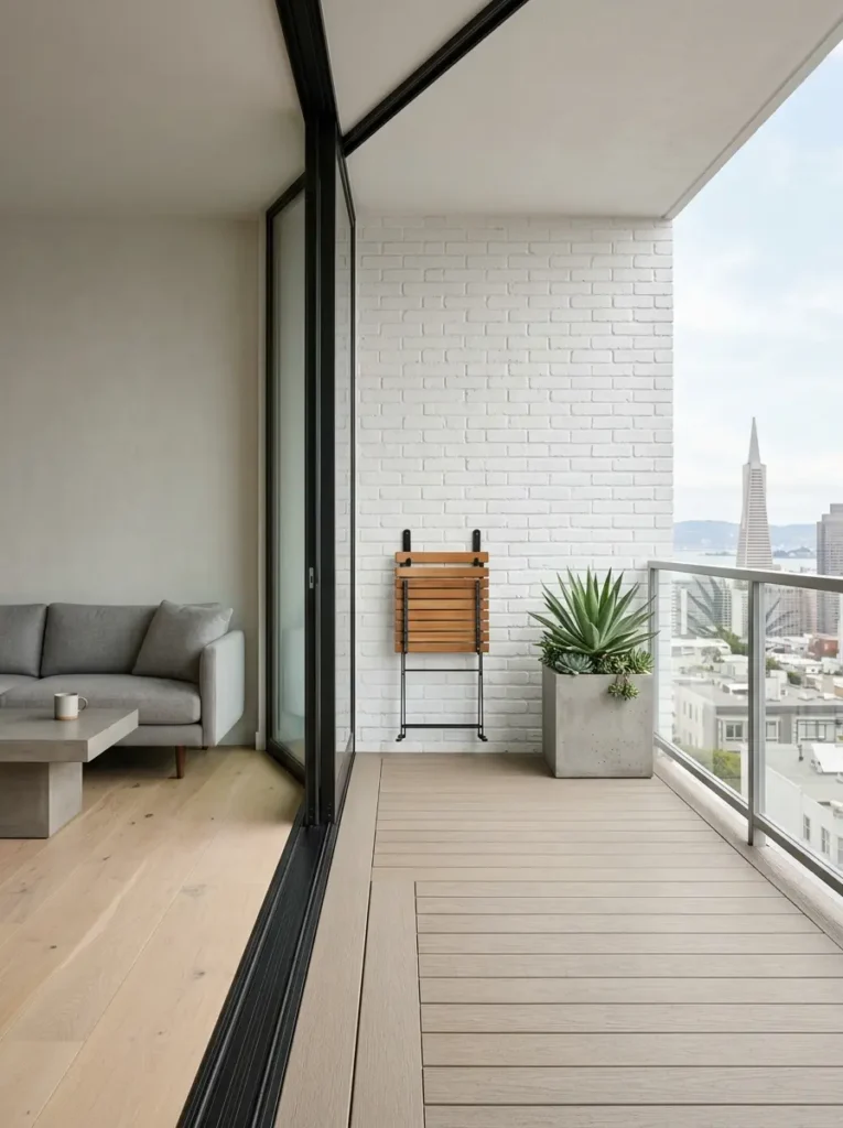 Wooden slatted table with black metal legs hangs folded against a white brick patio wall.