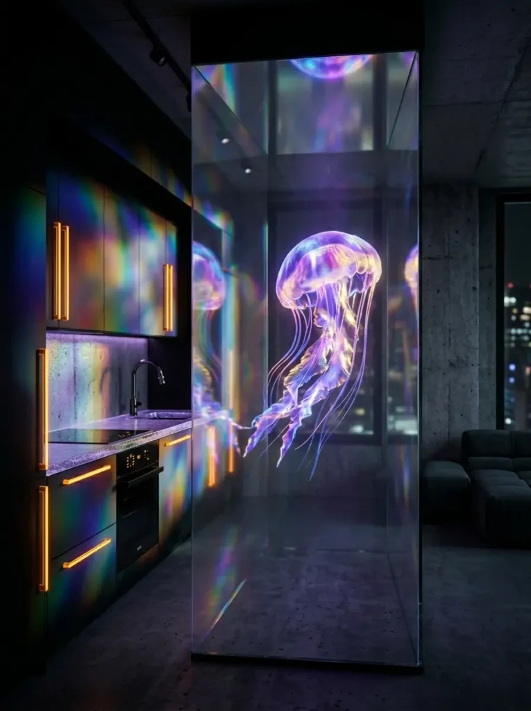 A thick glass room divider displaying a glowing purple holographic jellyfish, hiding a dark kitchen with neon-lit handles behind it.