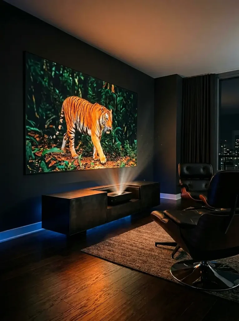 Ultra short throw projector shines on a dark accent wall for a cinematic small living room tv wall.
