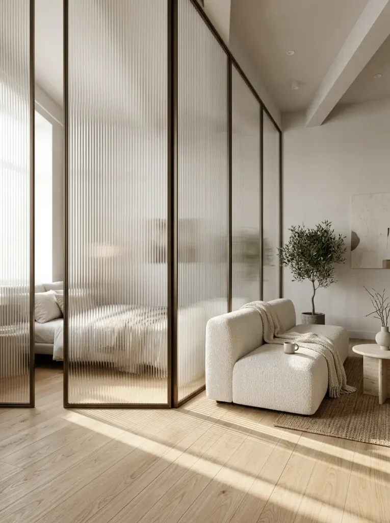Tall ribbed glass panels stretching from floor to ceiling separating a cozy bed from a modern living area with a white sofa.