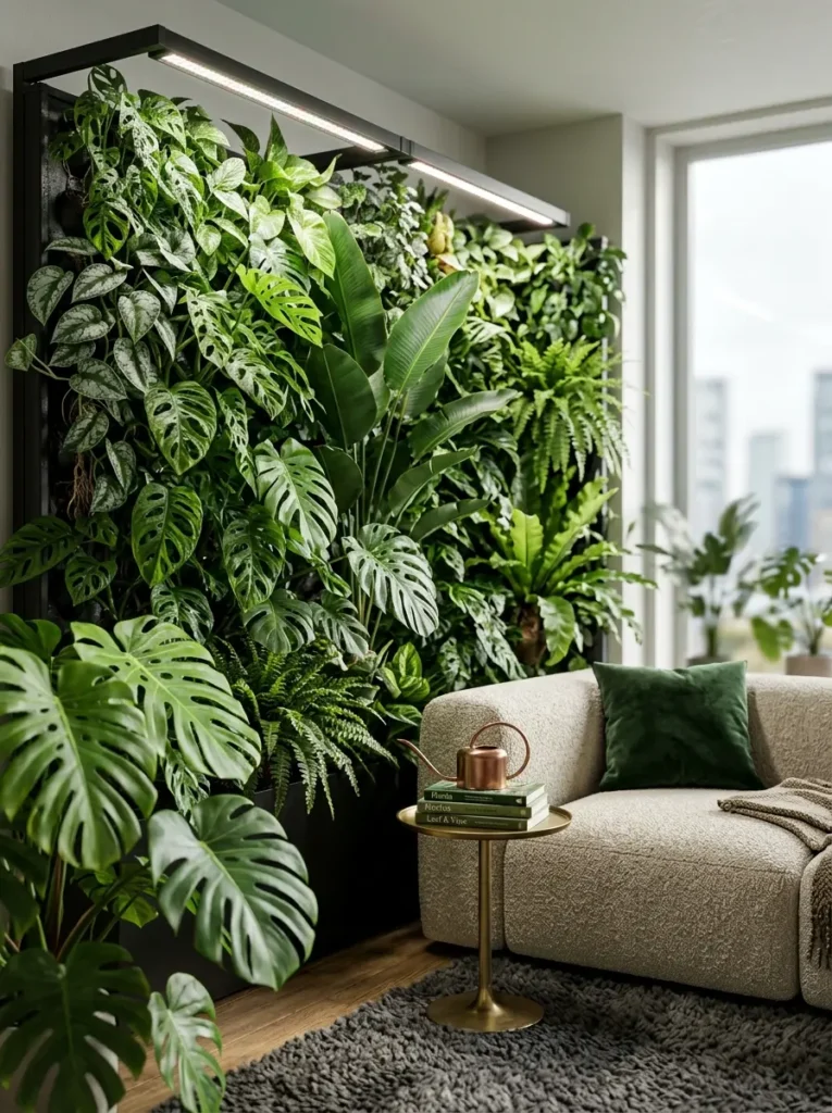 Dense floor to ceiling indoor vertical garden wall filled with lush green tropical plants beside a cream sofa.