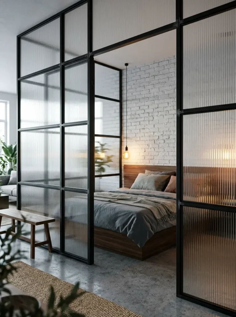 Modern studio space separated by black metal framed fluted glass partition walls showing a cozy grey bed inside