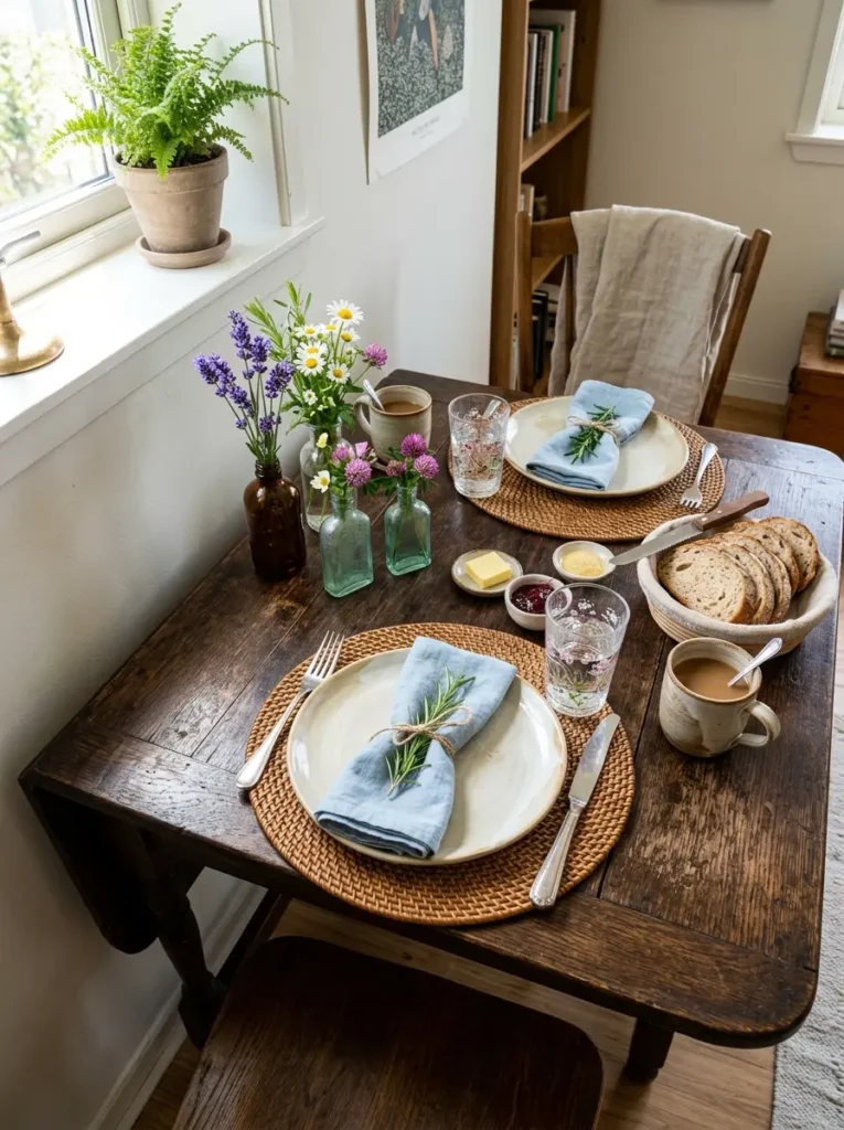 Dark timber folding tables are set with blue napkins and wildflowers.
