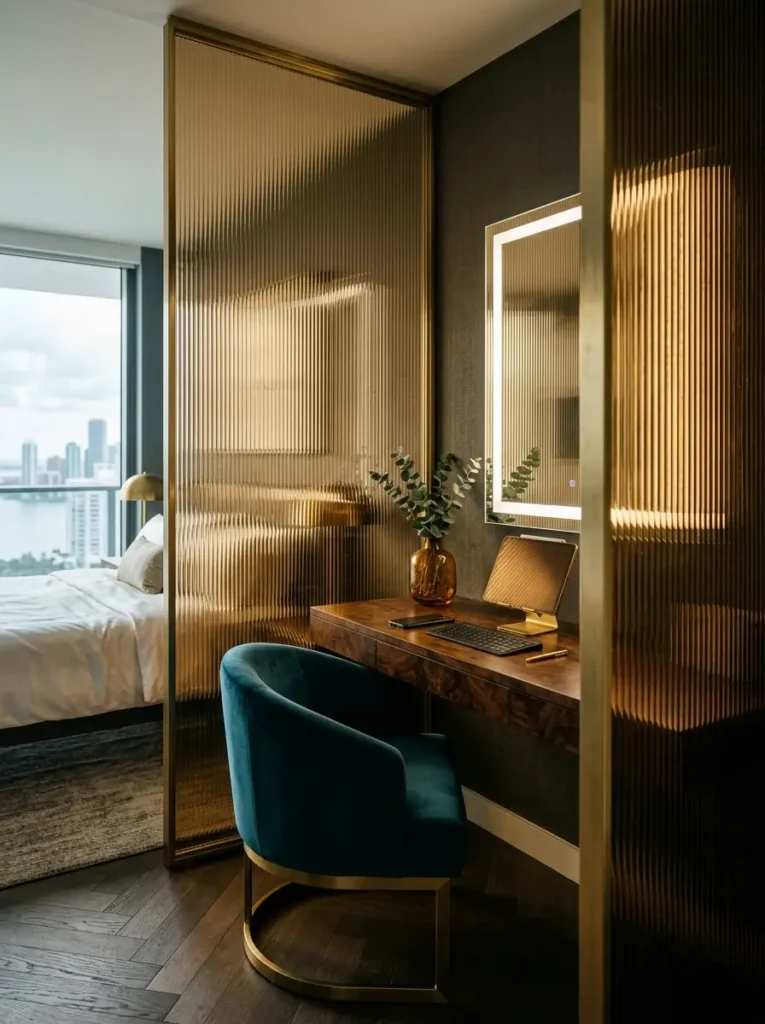 Fluted glass panels in bronze frames next to a wood desk.