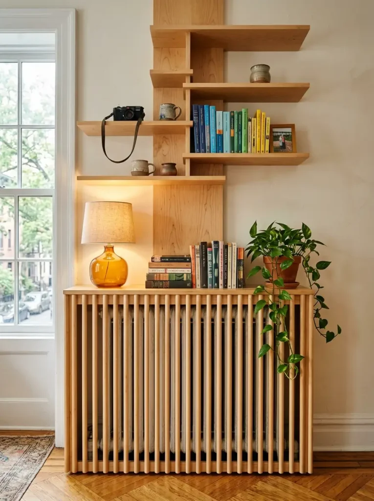 Asymmetrical wooden shelves branching from a central vertical board above a slatted radiator.
