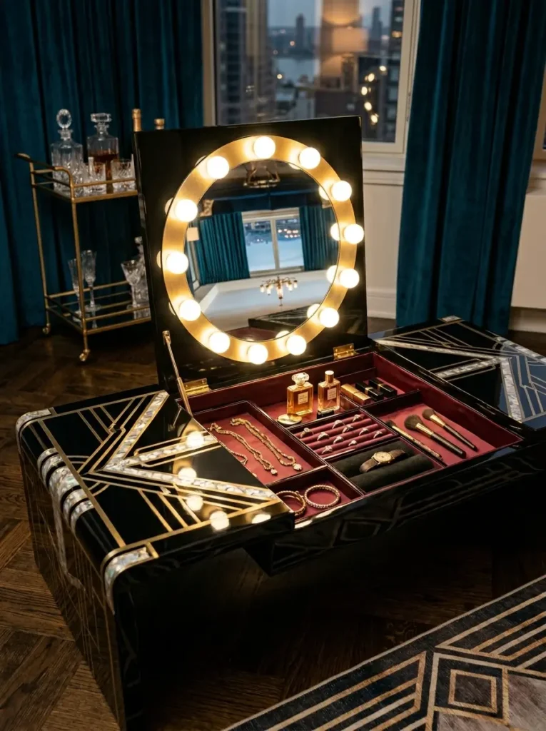 Art Deco Vanity Table Black art deco table opened to reveal a lighted vanity mirror and jewelry storage.