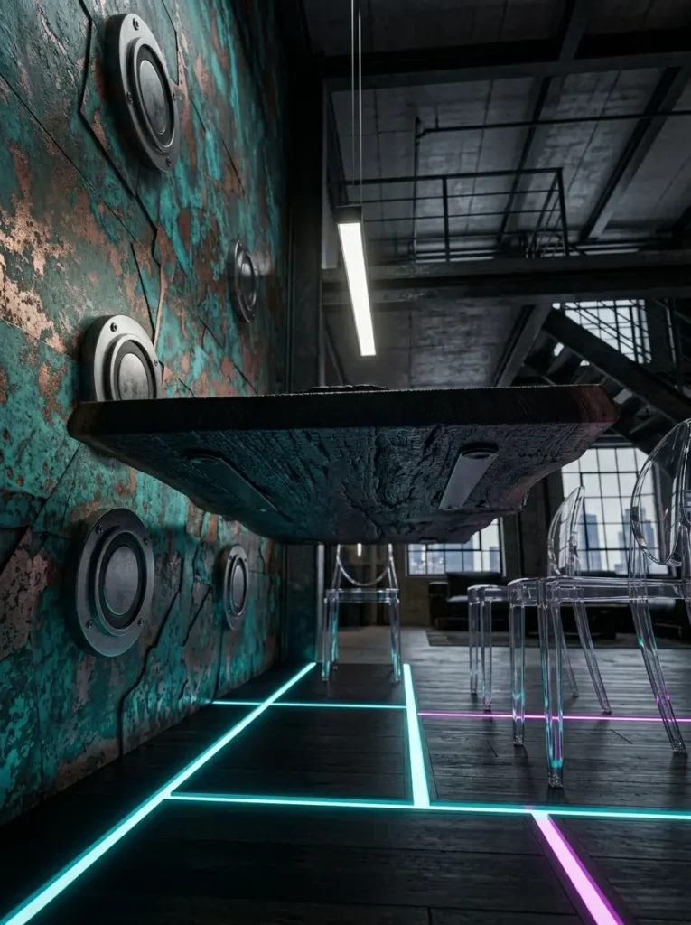 Cyberpunk Copper Wall Floating Timber Slab Heavy dark wood floating space saving dining table mounted to a distressed copper cyberpunk wall.