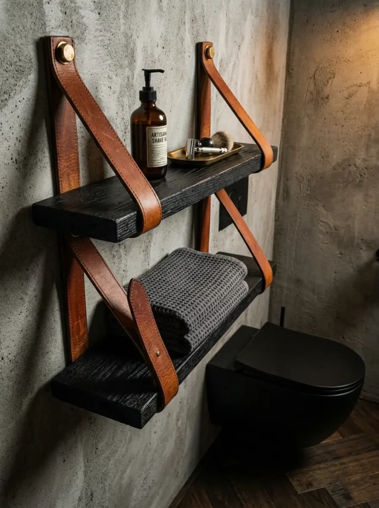 Charred black wood shelves suspended by thick tan leather straps on a concrete wall
