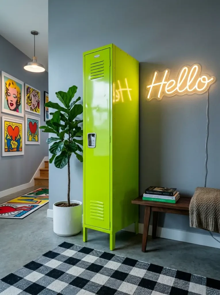 Bright lime green metal locker stands next to a potted fig plant and a glowing Hello neon sign.