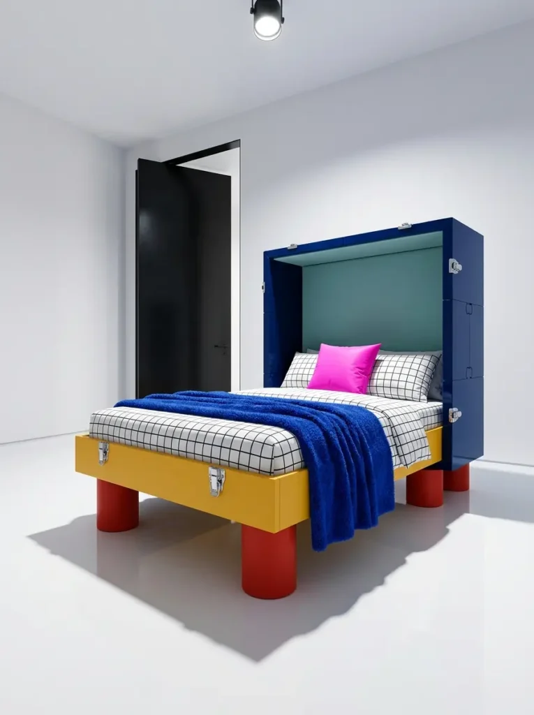 Bold Primary Color Block Bed Vibrant primary color block affordable murphy bed with glossy blue cabinet doors and a yellow base.