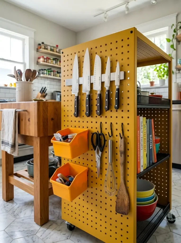 Mustard yellow metal cart with pegboard sides holding knives and cookbooks