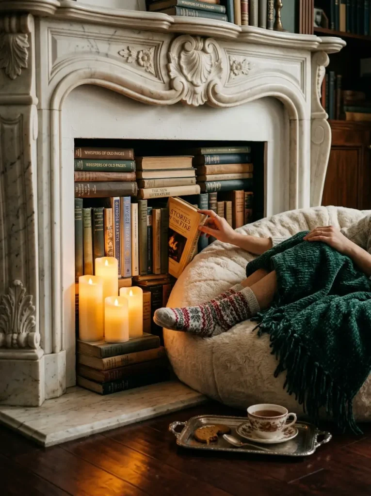 Fireplace Book Nook White beanbag chair inside a marble fireplace filled with old books.