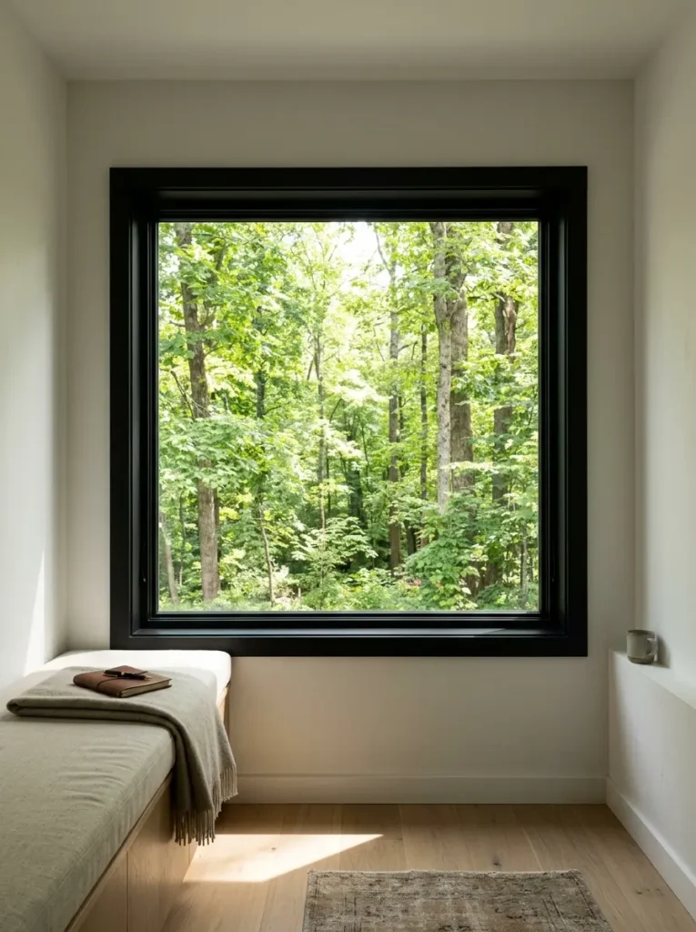 Large Black Frame Window Large black square window looking out at green forest trees with a built in bench below.