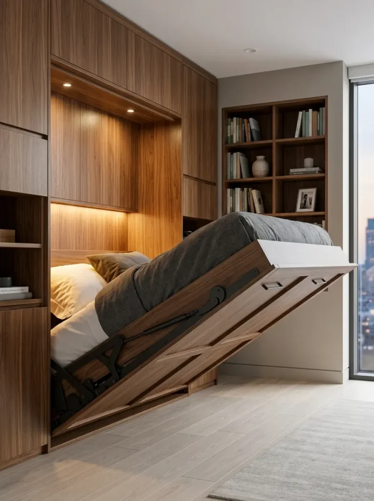 A wooden foldable bed pulls down from custom cabinetry flanked by bookshelves.