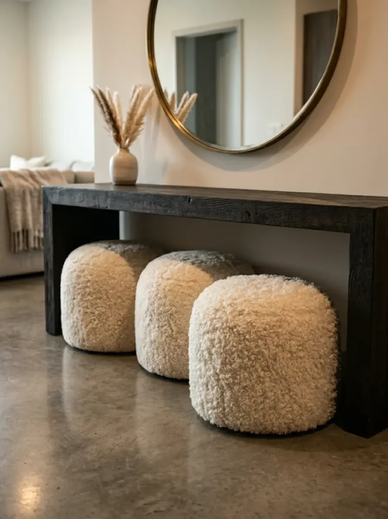Nesting Shearling Stools Entryway Setup Three fluffy white shearling stools tucked under a dark wooden console table