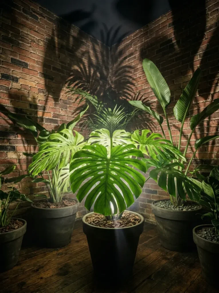 Large indoor monstera plant with dramatic uplighting for dark apartments against a brick wall.