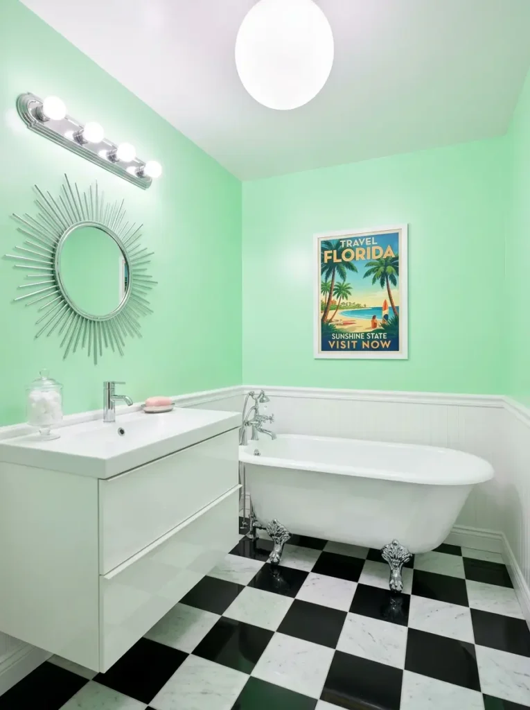 Pale Mint Green Bathroom Walls Mint green bathroom with checkerboard floor and clawfoot tub