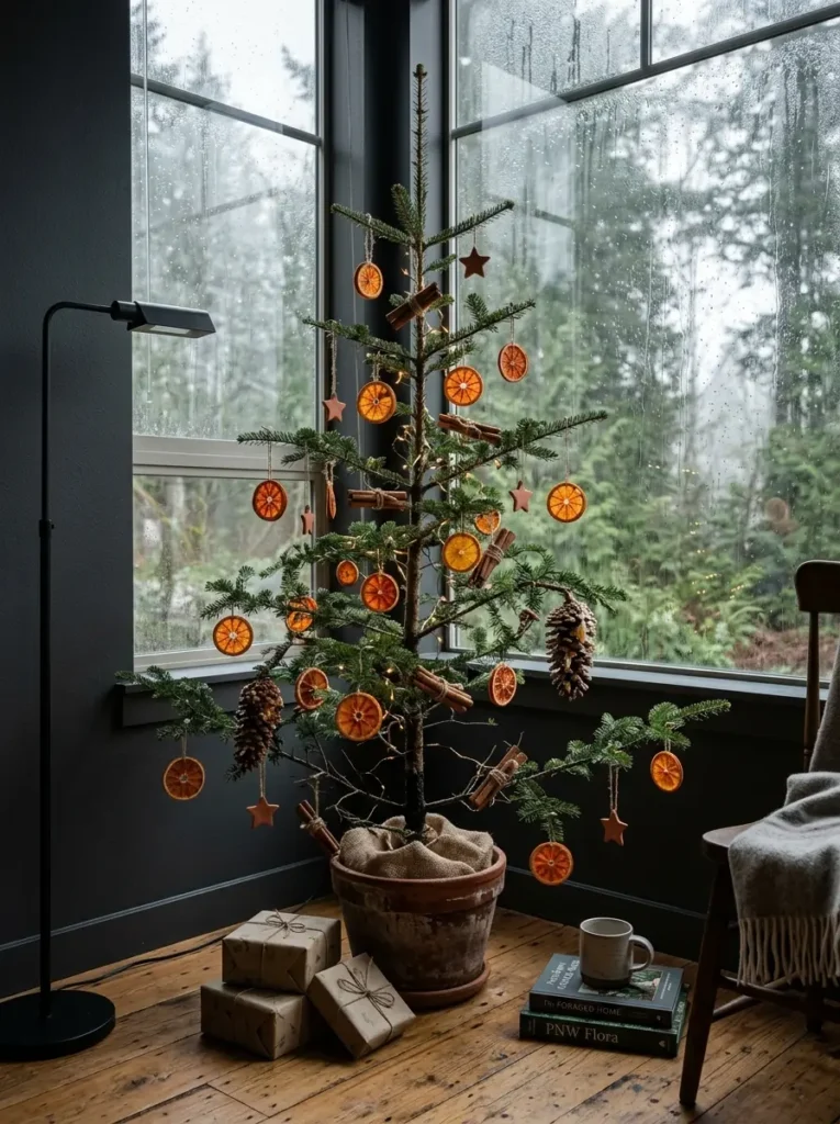Slender evergreen tree in a terracotta pot decorated with dried orange slices and cinnamon sticks next to a window