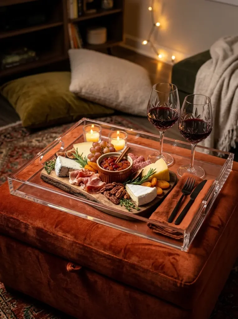 Clear acrylic tray resting on an orange velvet ottoman holding a festive holiday charcuterie board