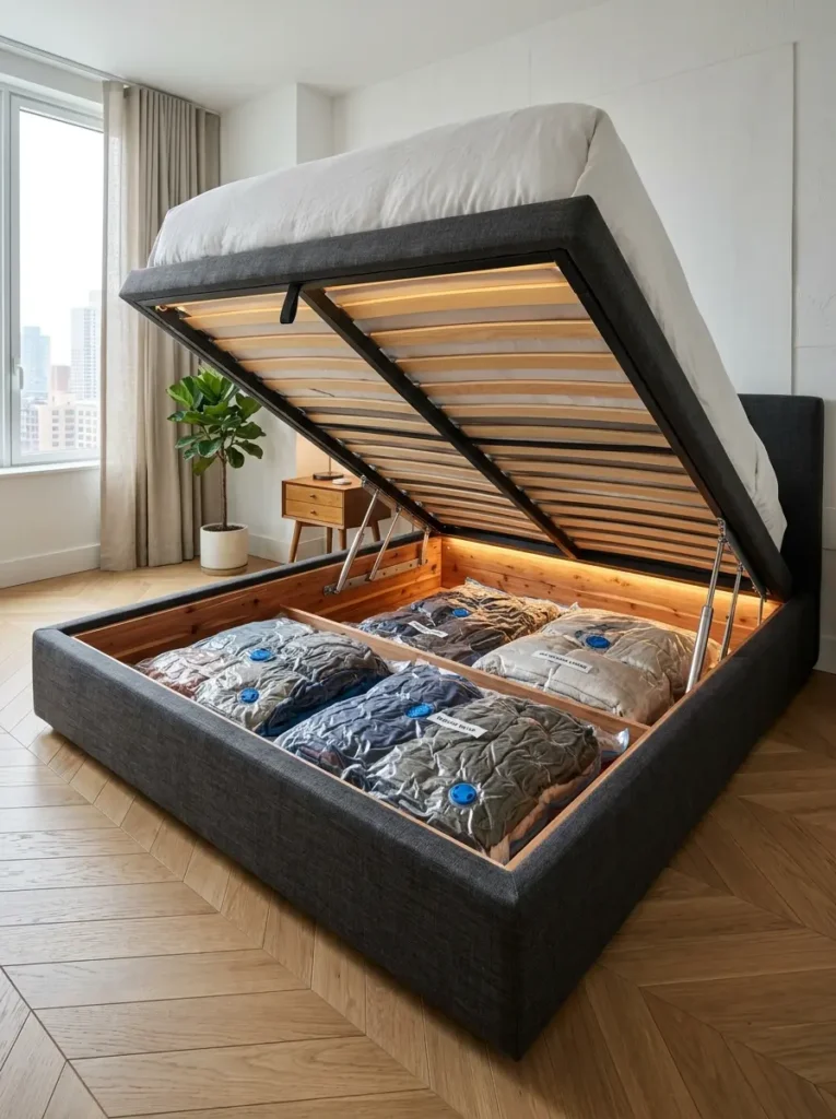 Dark grey bed frame lifted by gas struts reveals plastic storage bags filled with folded clothes.