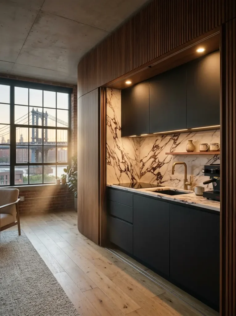 A sleek black kitchenette with marble backsplash concealed within a curved, slatted wood wall unit.