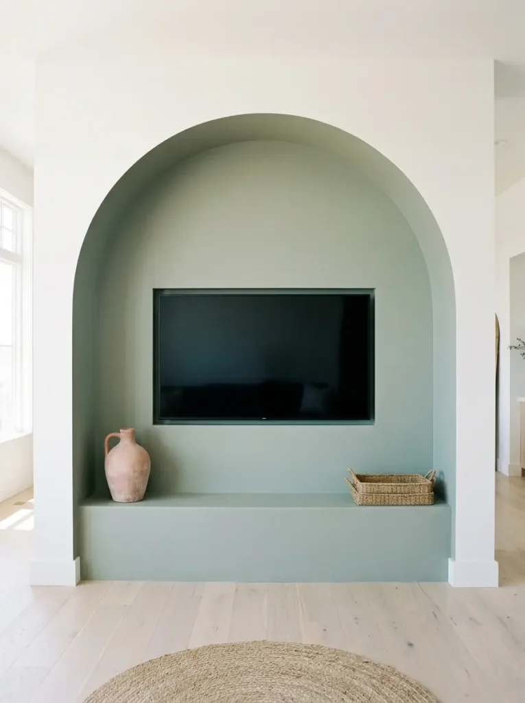 Painted sage green archway recess acting as a small living room tv wall with a built in bench.