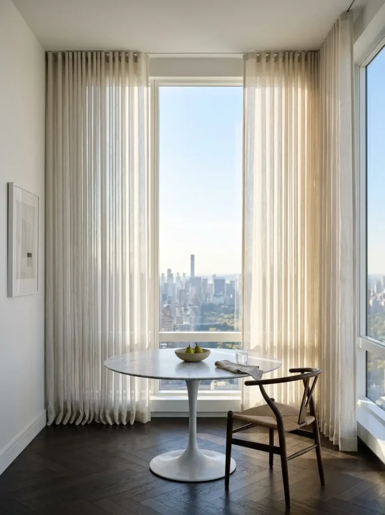 Tall sheer white curtains framing a large city window next to a round marble dining table in a compact apartment.