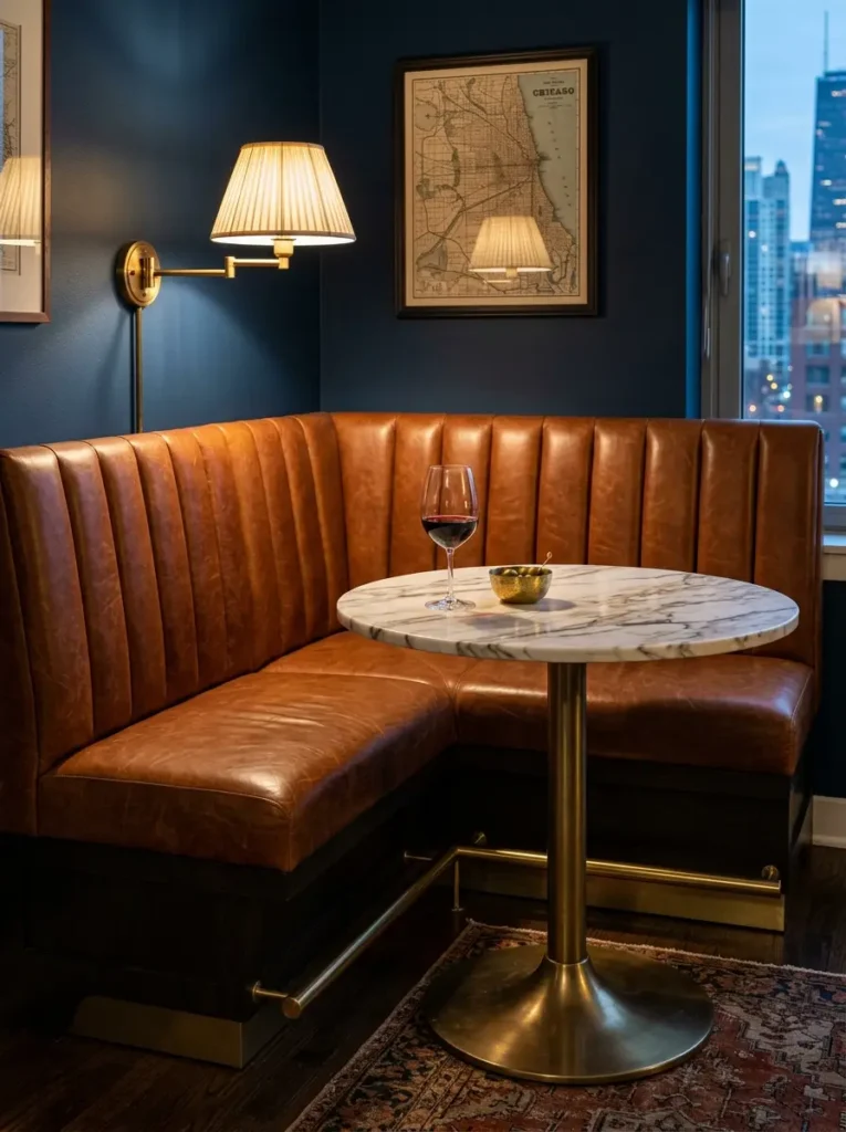 Brown leather corner banquette bench with a round marble table and brass sconce in a dark blue room.