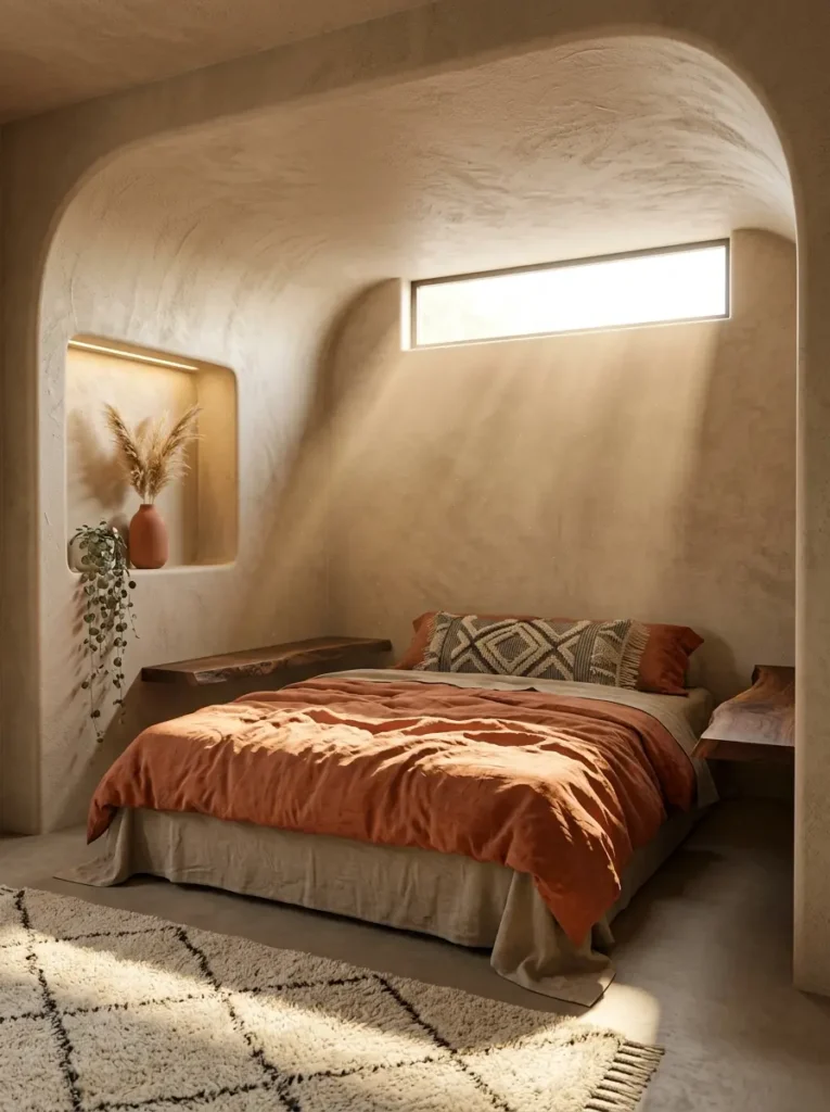 Smooth beige curved plaster alcove bed featuring warm lighting and orange linens for cozy interior design inspiration