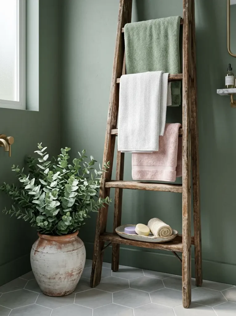 Green fabric hangs on a rustic wooden ladder next to eucalyptus.
