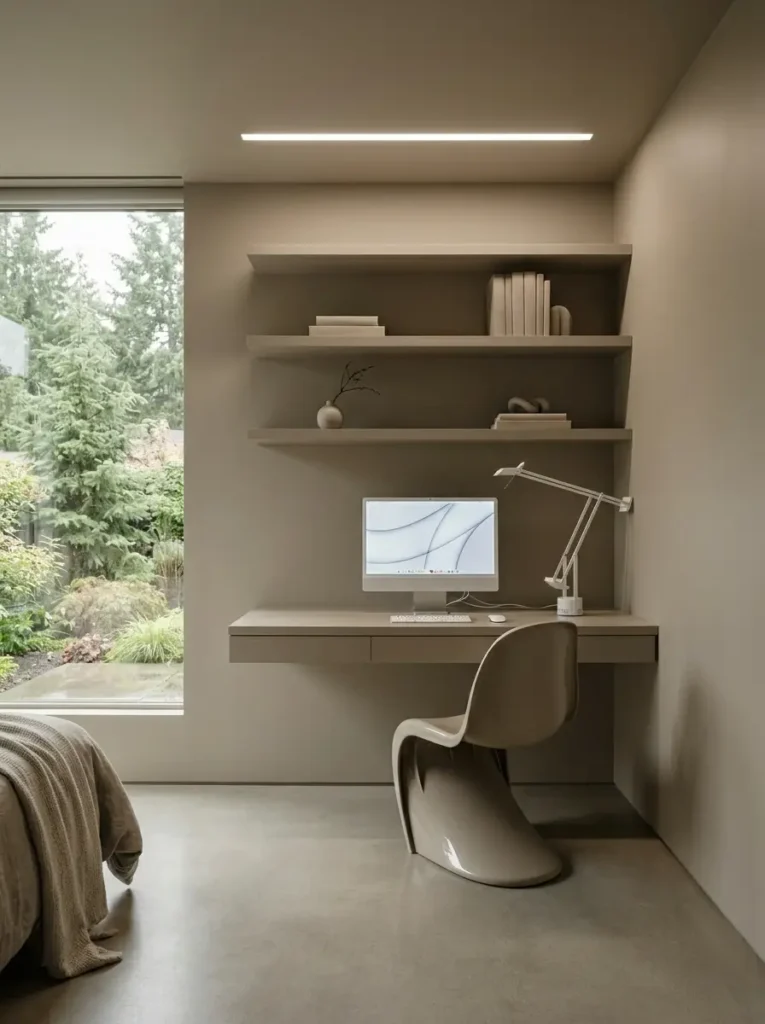 Sleek floating desk with beige chair and neutral wall decor.