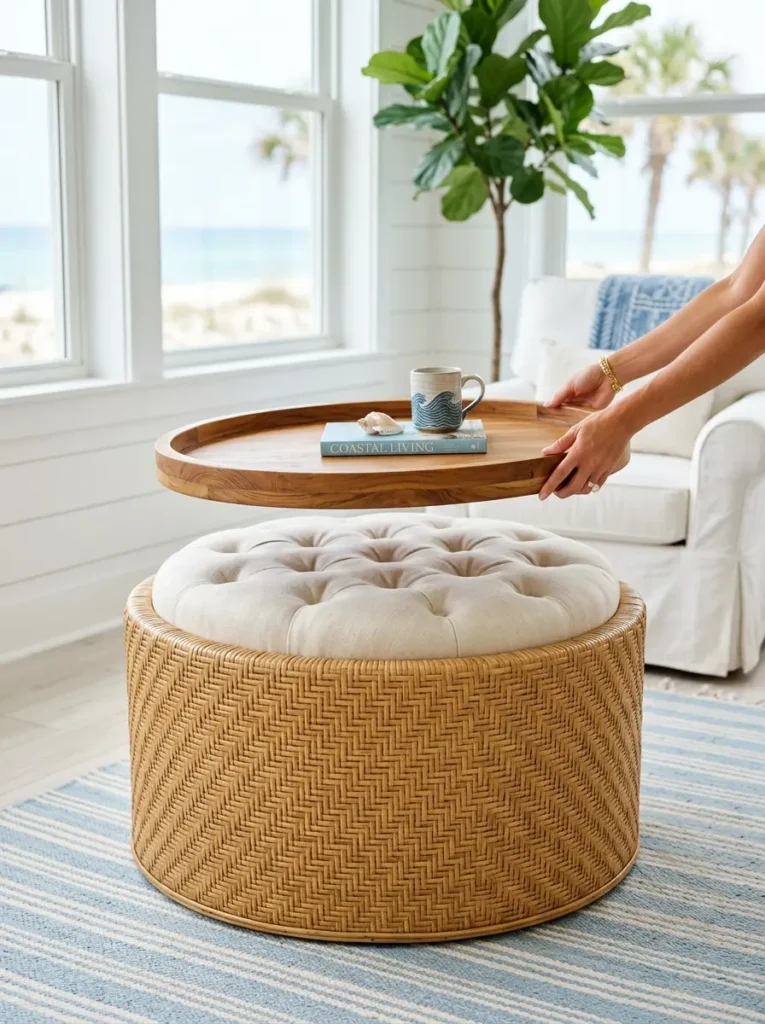 Rattan Ottoman With Removable Tray Round rattan ottoman with a plush cushion and a removable wooden serving tray.