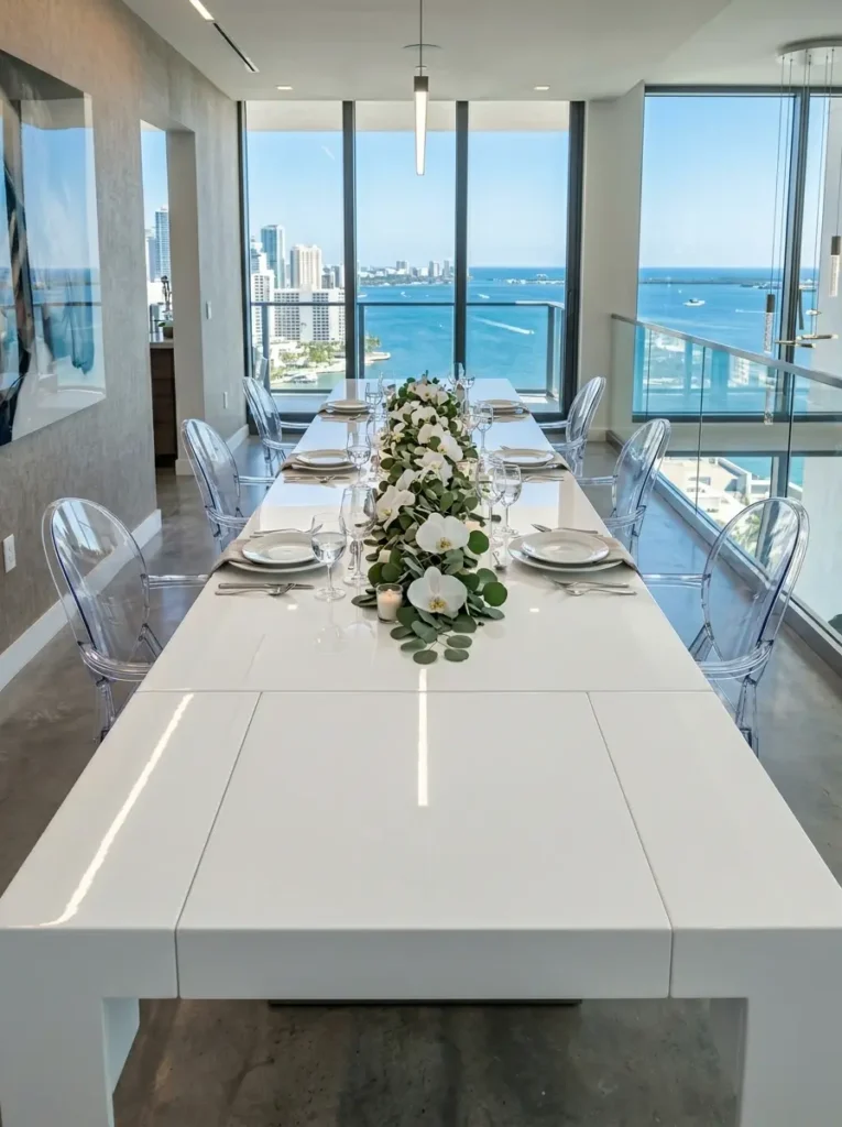 White Glossy Extension Dining Surface Long white glossy space saving dining table with clear plastic chairs in an apartment.